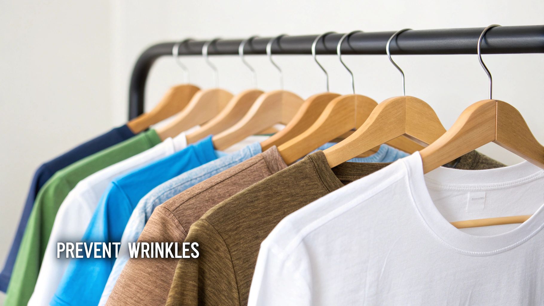 Colorful t-shirts organized on wooden hangers to prevent wrinkles and maintain a neat appearance.