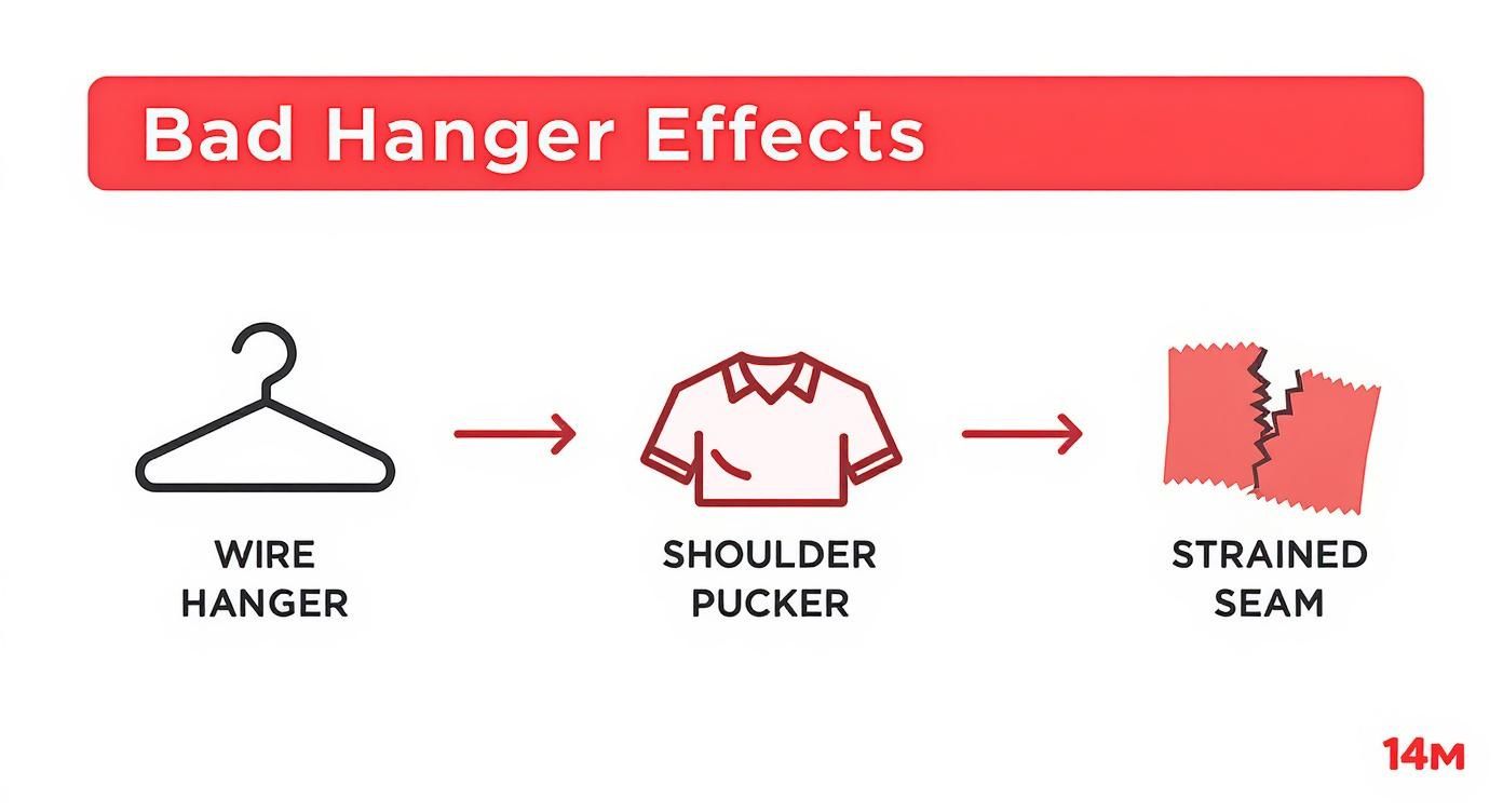Diagram illustrating the negative effects of a wire hanger on clothing, causing shoulder puckering and strained seams.