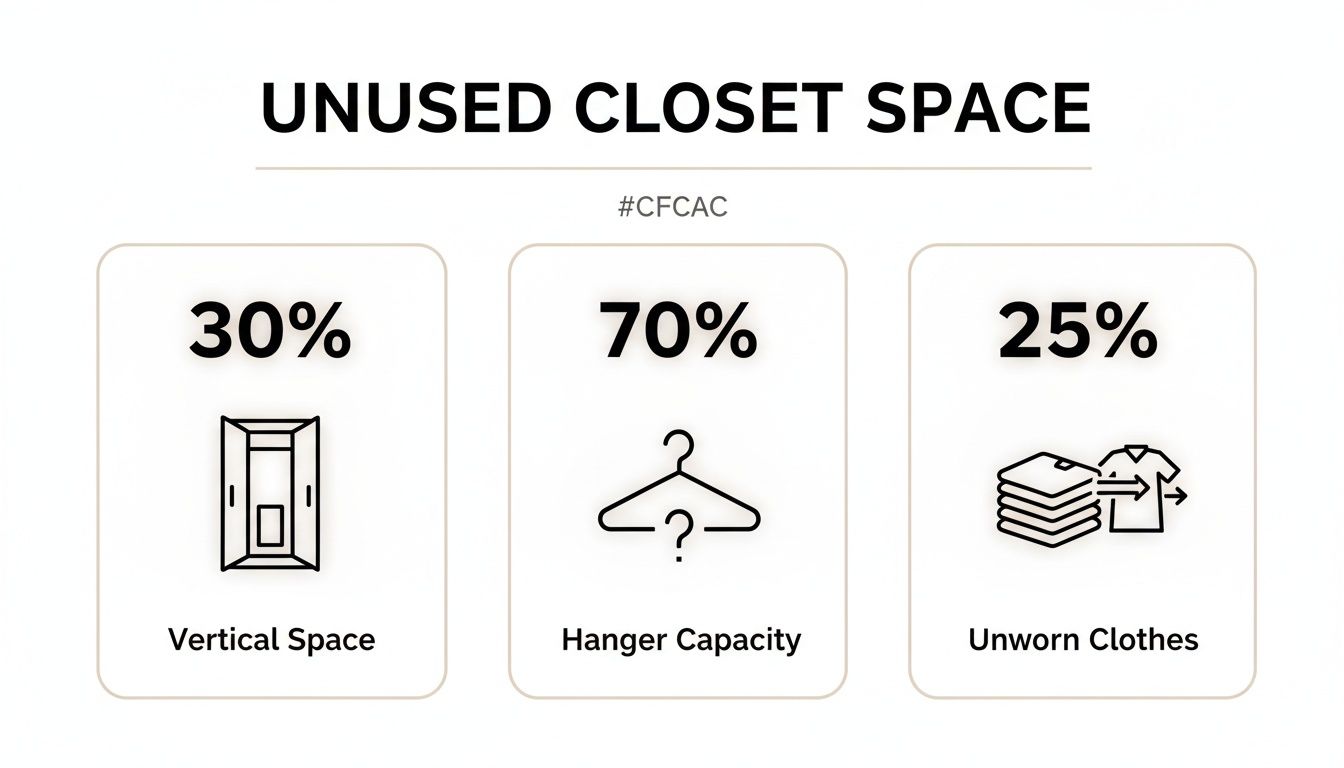 Infographic showing statistics about unused closet space: 30% vertical, 70% hanger capacity, 25% unworn clothes.