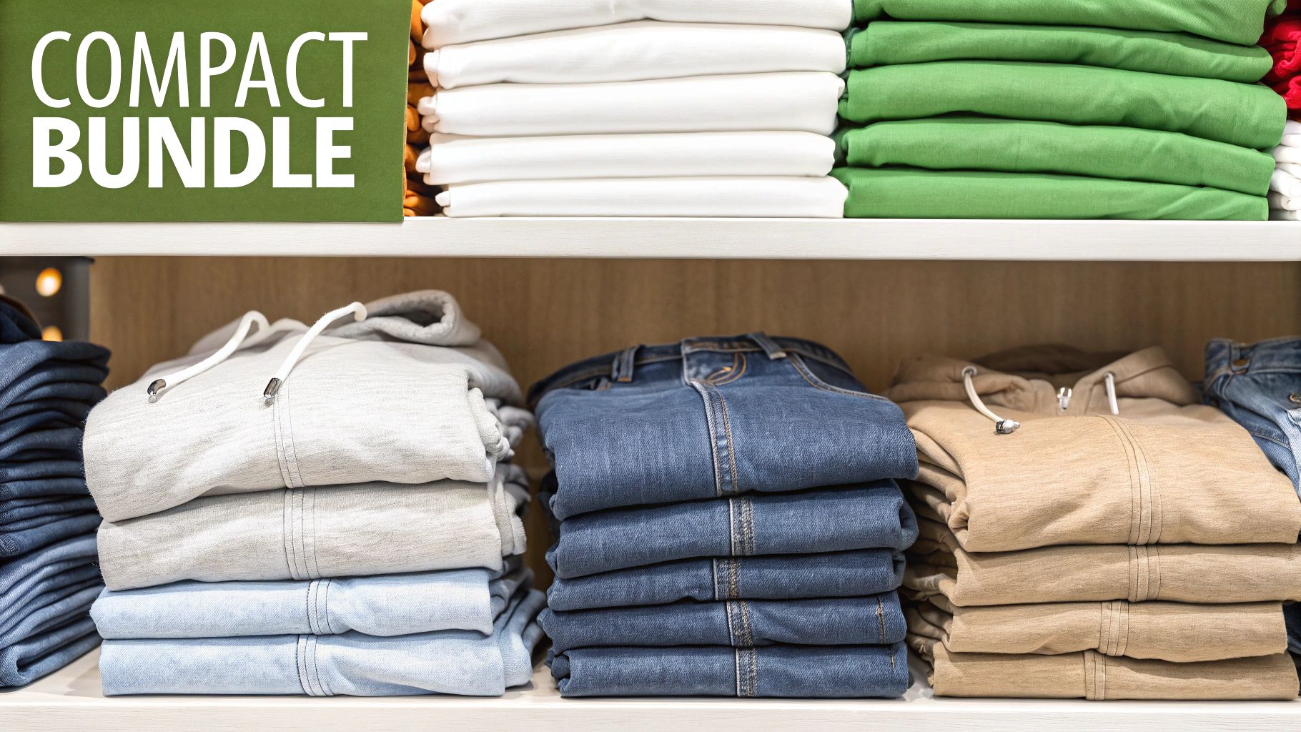A neatly organized closet with folded pants and bulky items on shelves.