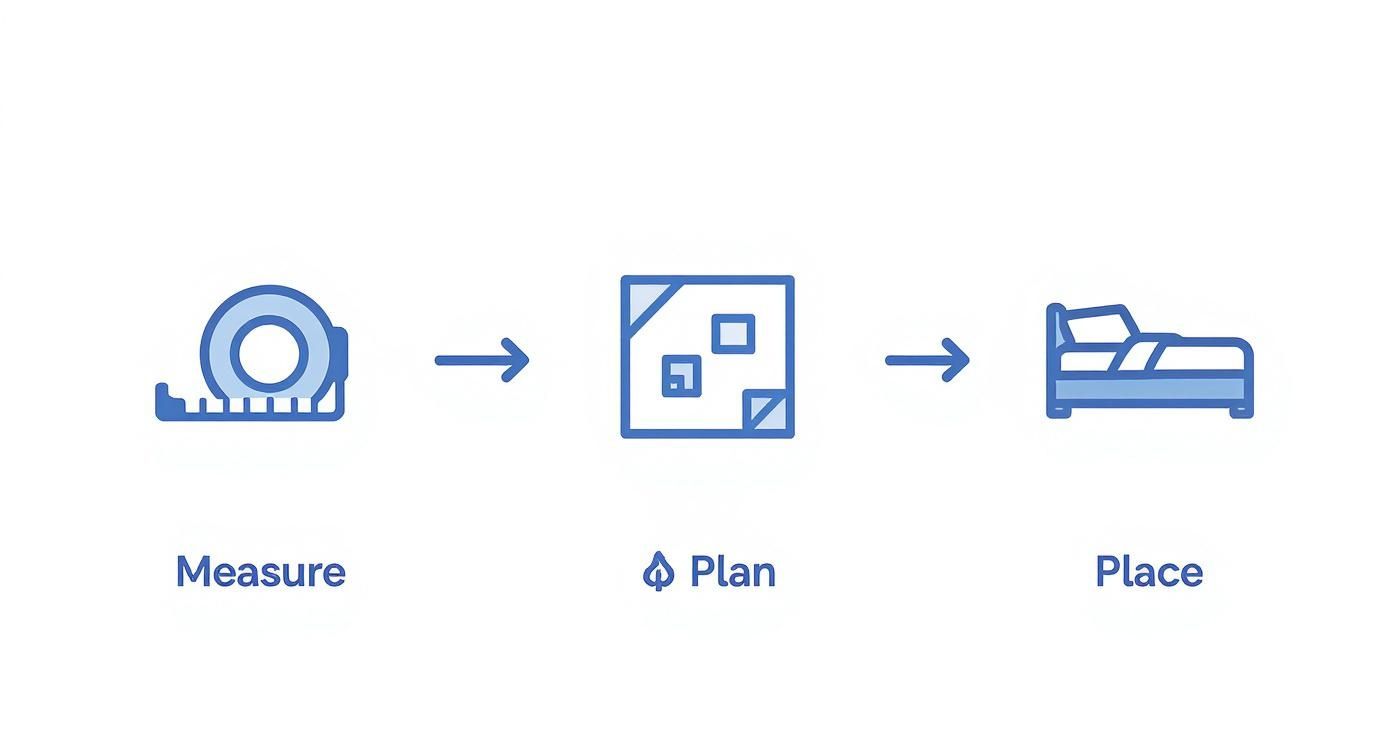 Three step process for arranging furniture: measure, plan, and place, shown with icons and text.