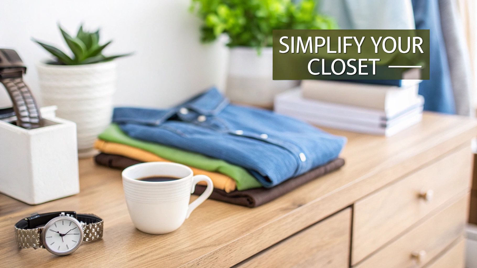 A stack of folded clothes, a cup of coffee, and a watch on a wooden dresser. Text: SIMPLIFY YOUR CLOSET.