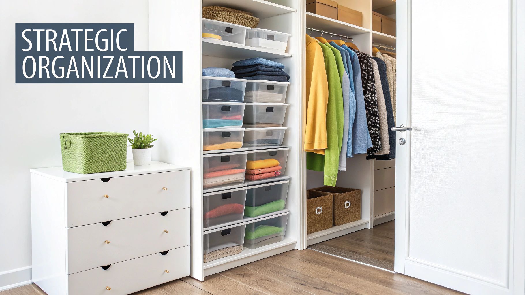 A well-organized closet with clothes neatly zoned by type and color.