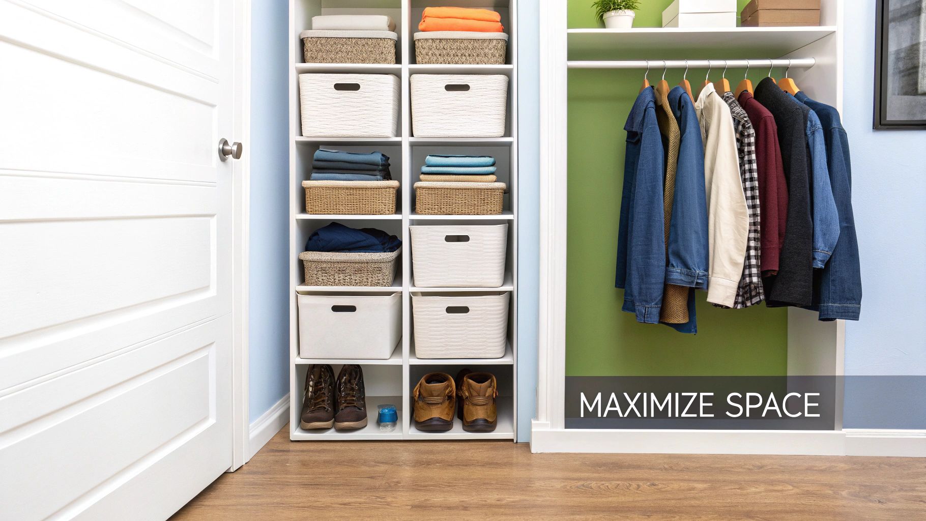 A neatly organized closet showing folded clothes on shelves, hanging items, and storage baskets.