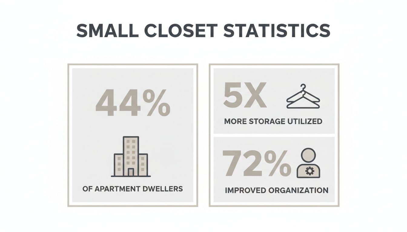 Infographic displaying statistics about small closets, including apartment dwellers, storage utilization, and organization.