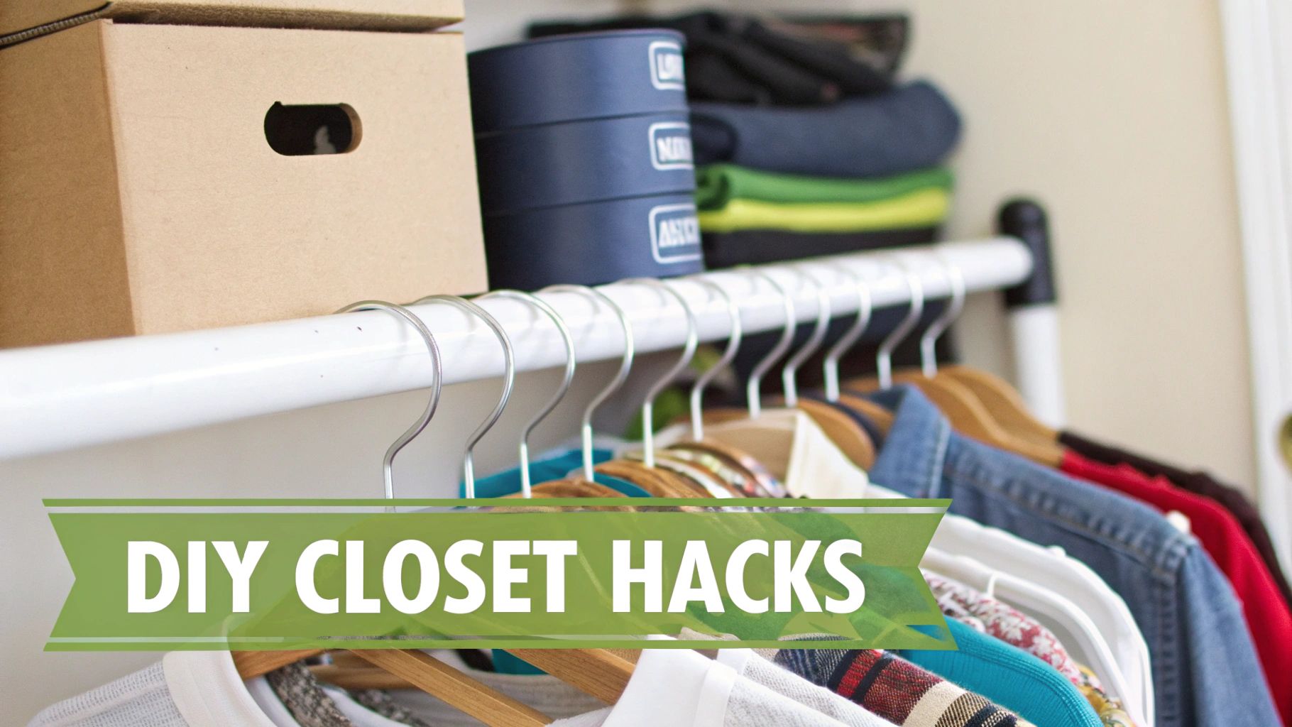 A well-organized closet with clothes on hangers, storage boxes, and stacked bins, showcasing DIY closet hacks.