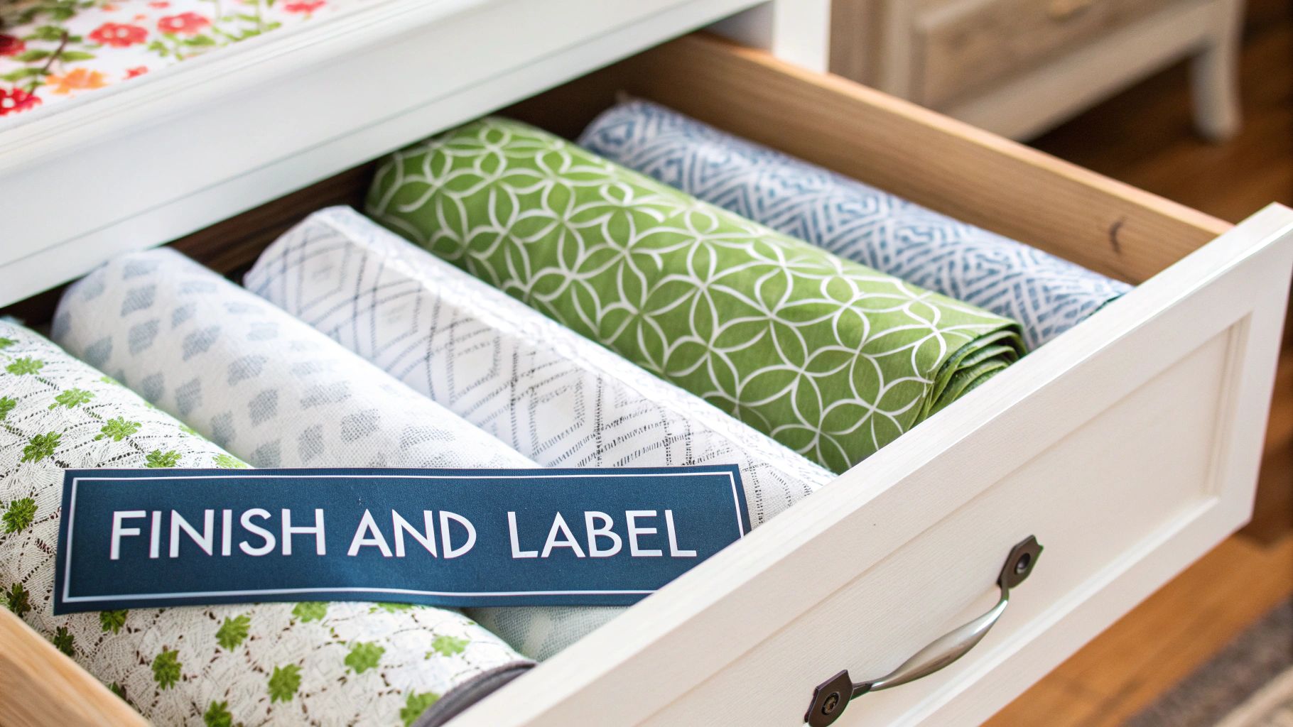 An open white drawer showcasing neatly rolled patterned fabrics, with a 'FINISH AND LABEL' reminder.