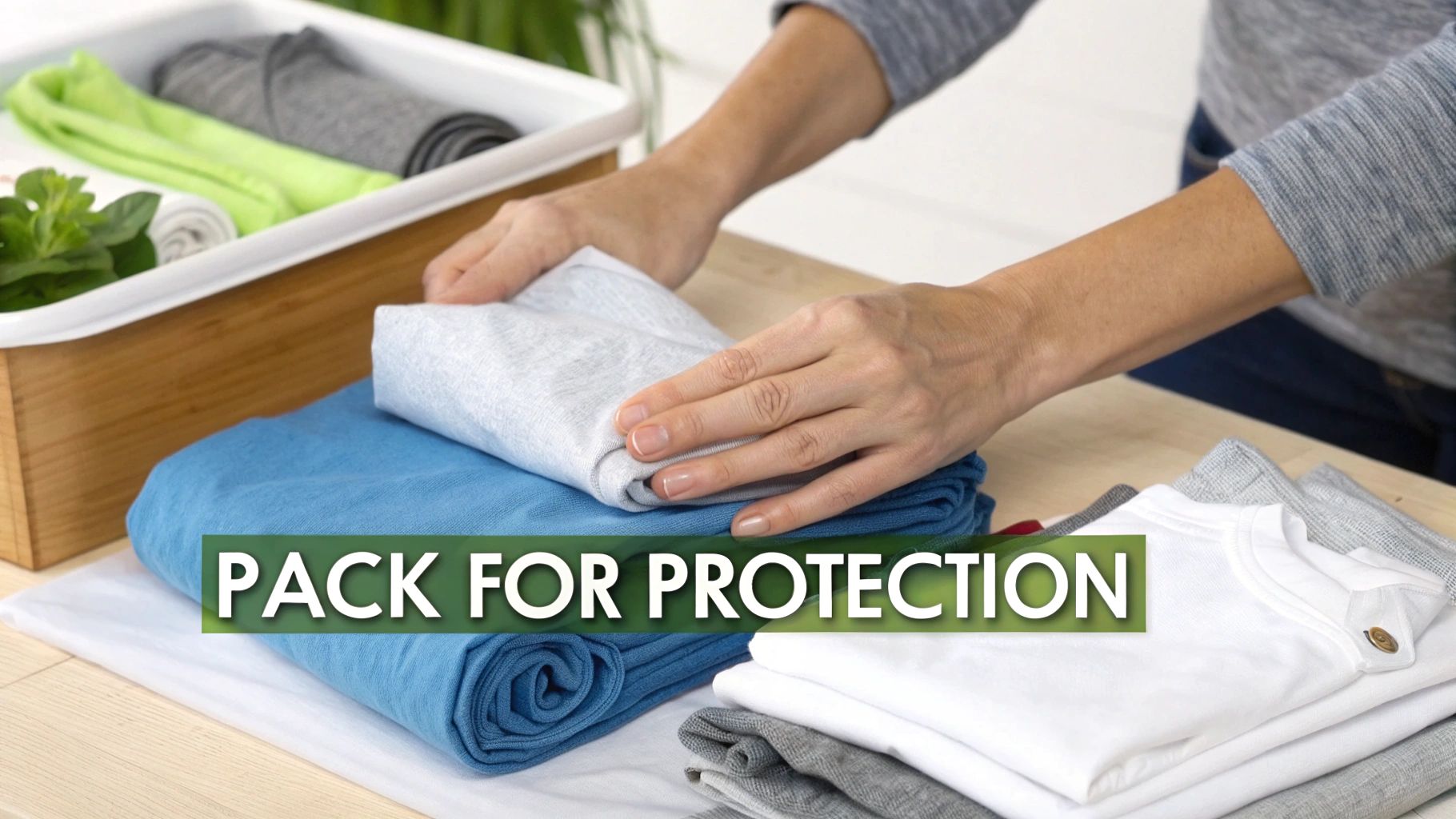A person's hands neatly fold a light grey shirt onto a stack of clothes, demonstrating organized packing.