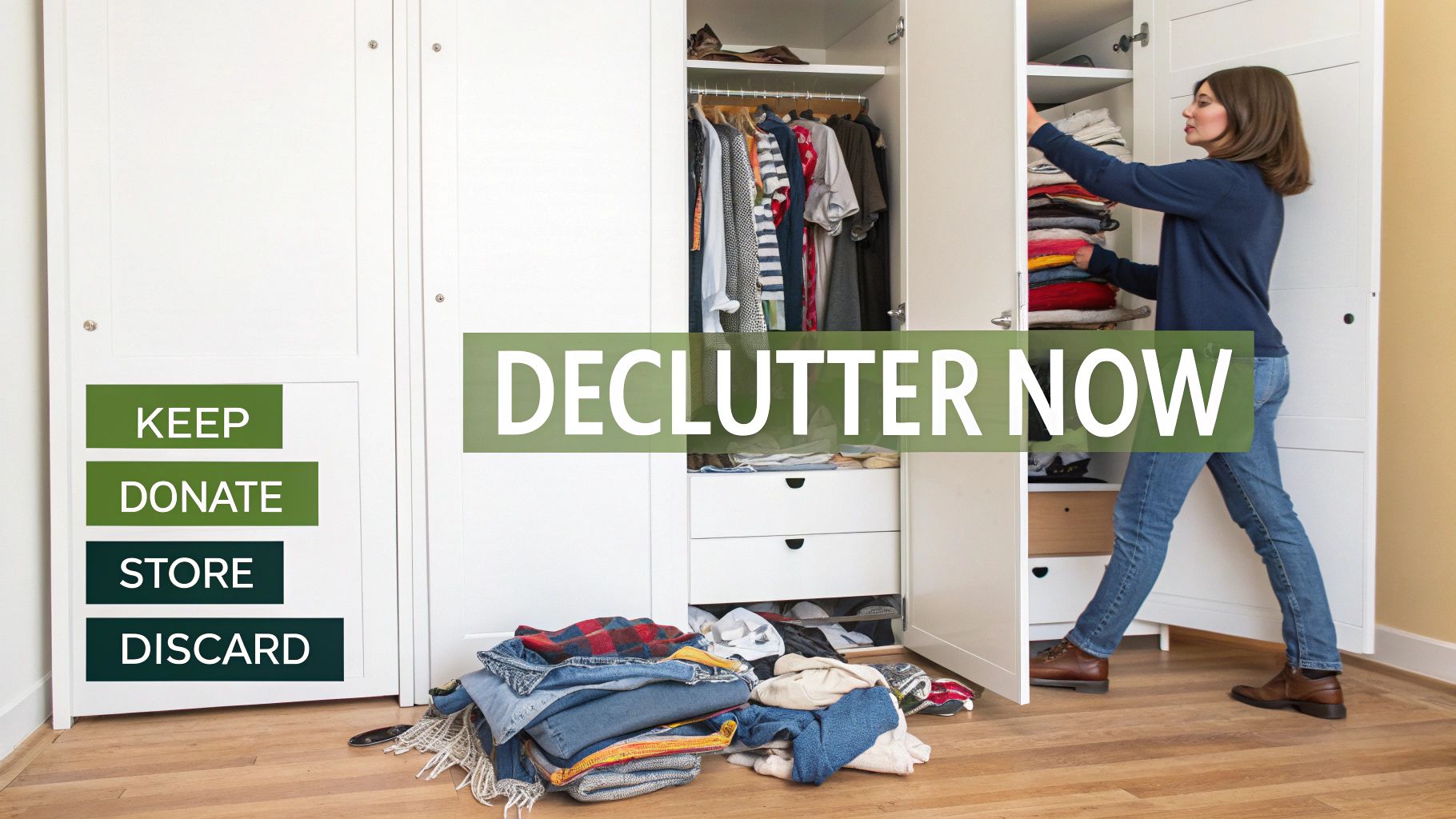 A woman sorts clothes from a cluttered wardrobe, with options to keep, donate, store, or discard.