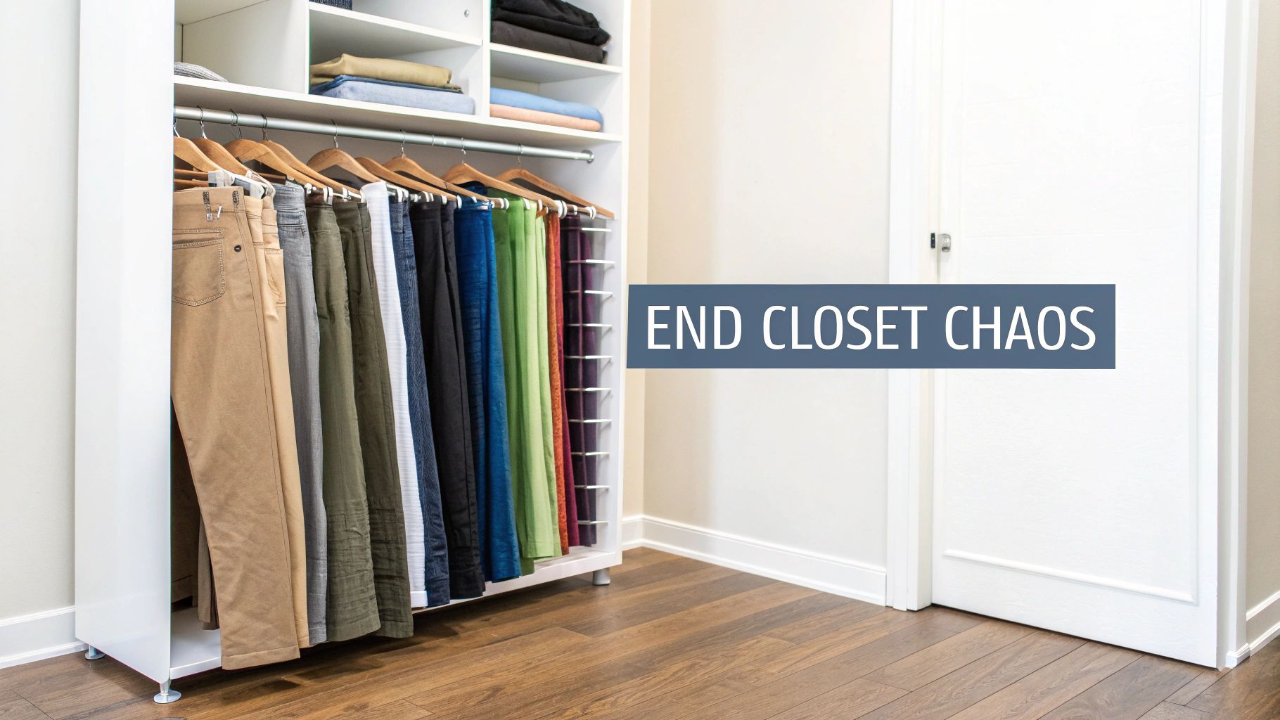Neatly organized pants on a modern closet rack
