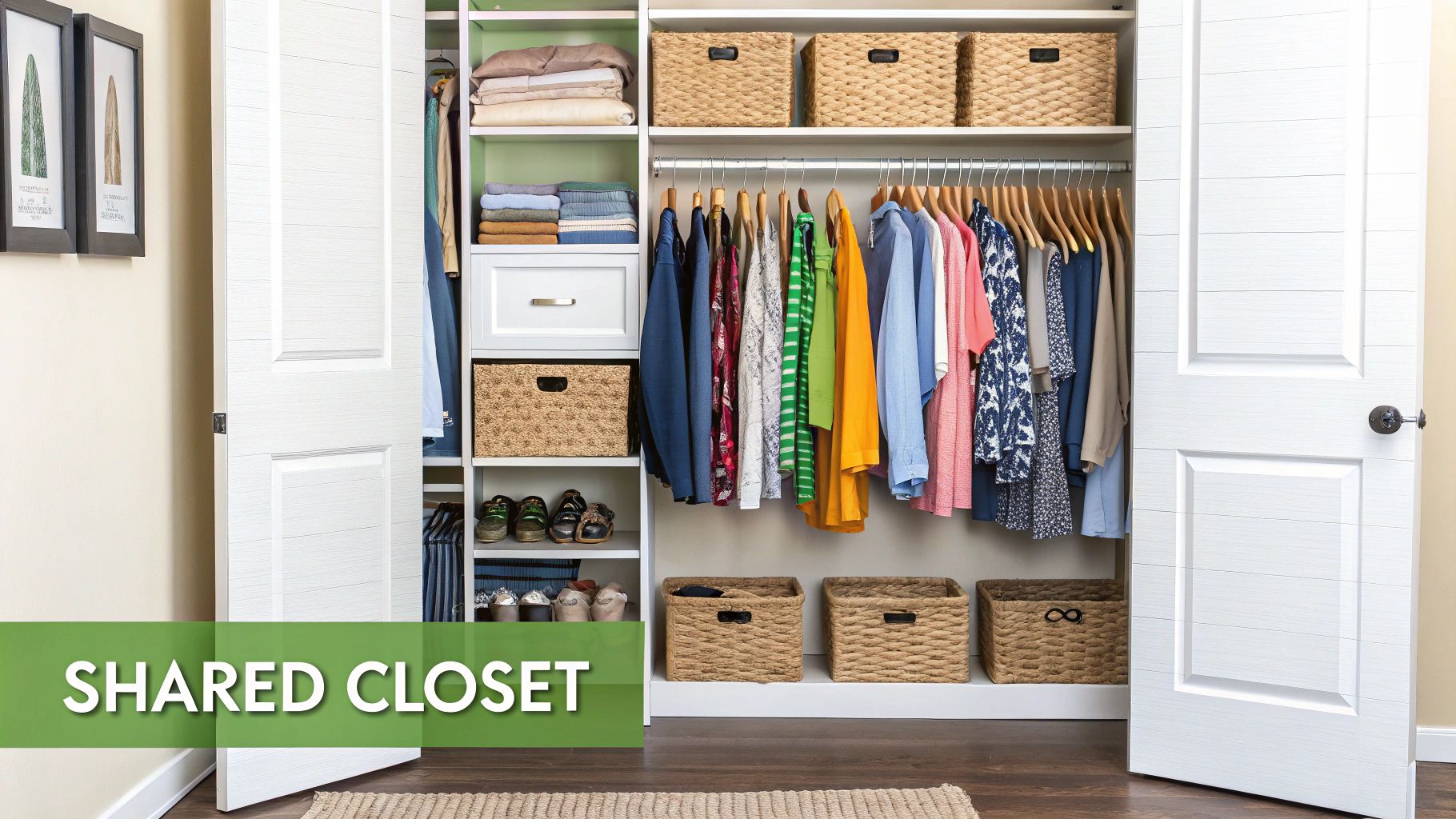 A bright, organized shared closet features white shelving, hanging clothes, folded items, shoes, and wicker baskets.