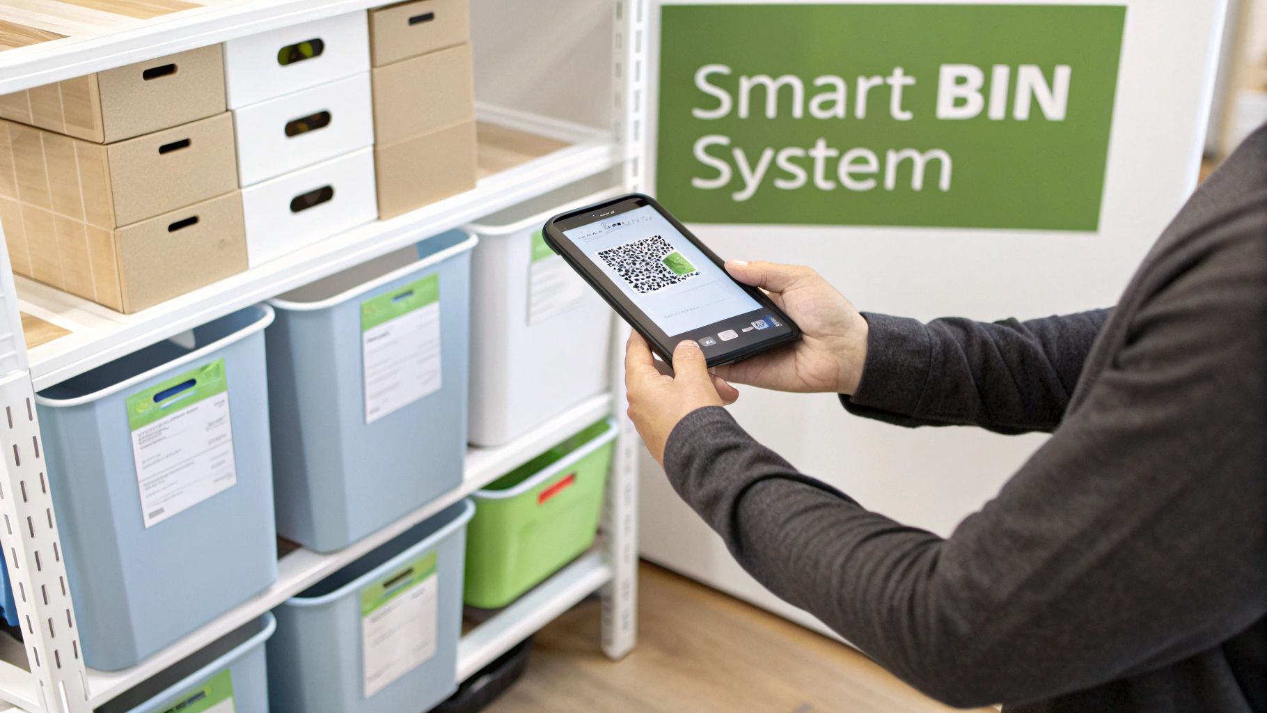 Person scans QR code on smartphone, interacting with a 'Smart BIN System' on shelves with various storage bins.