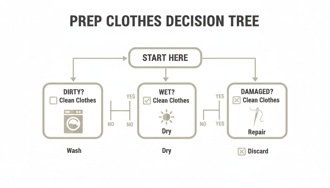 Prep clothes decision tree: wash if dirty, dry if wet, repair or discard if damaged.