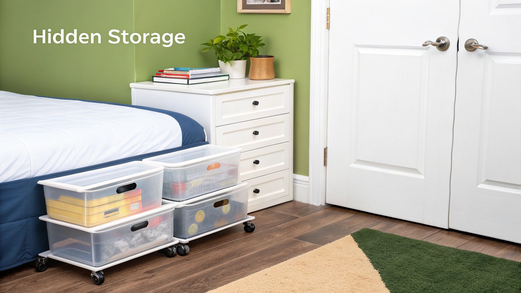 Under bed storage drawers on wheels with transparent bins next to white dresser in bedroom