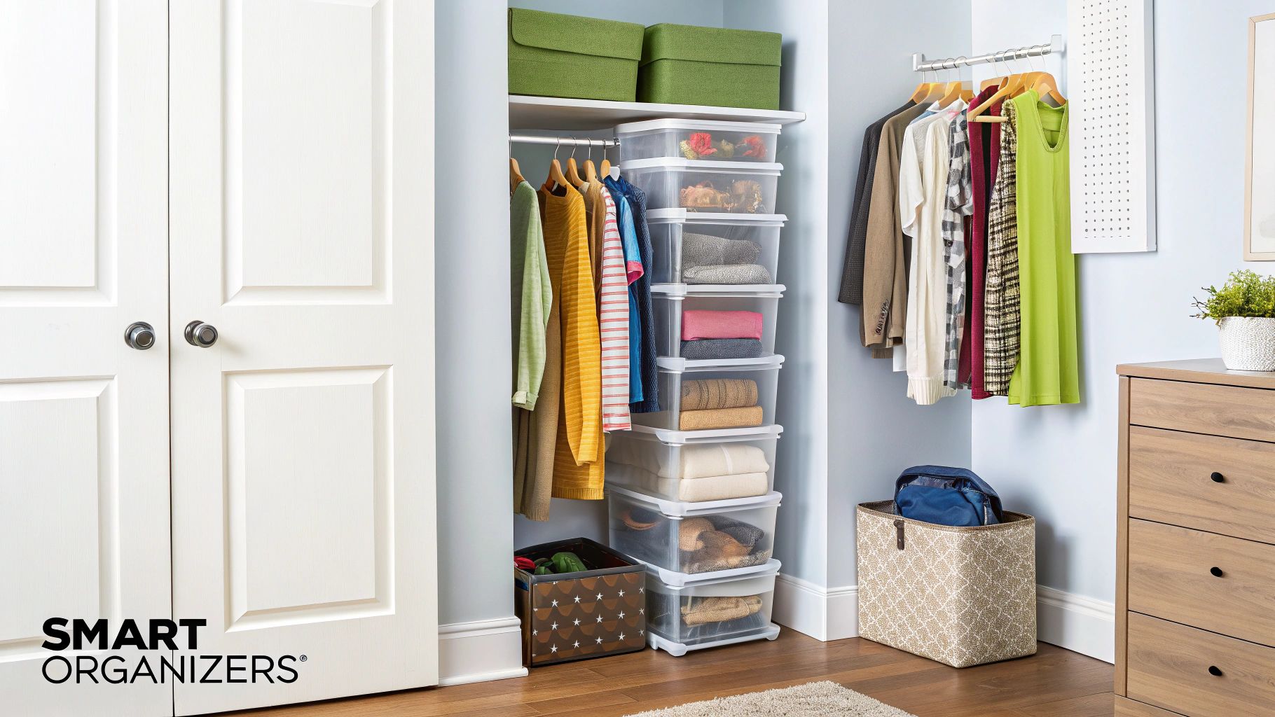 A woman happily organizing her small closet with hanging shelves and velvet hangers.