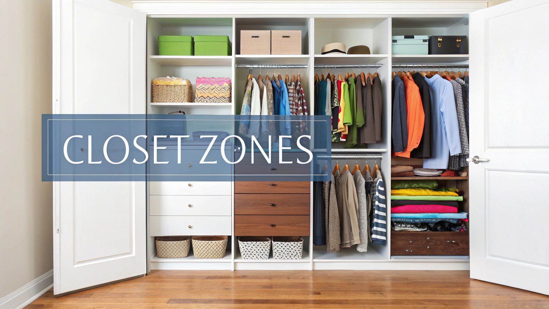 A brightly lit, organized white closet with clothes, shelves, drawers, and storage boxes.