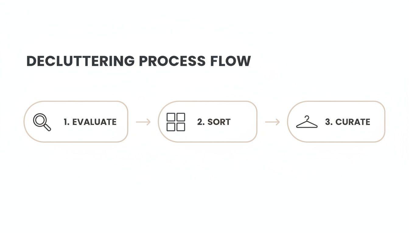 A decluttering process flow diagram showing three steps: evaluate, sort, and curate.
