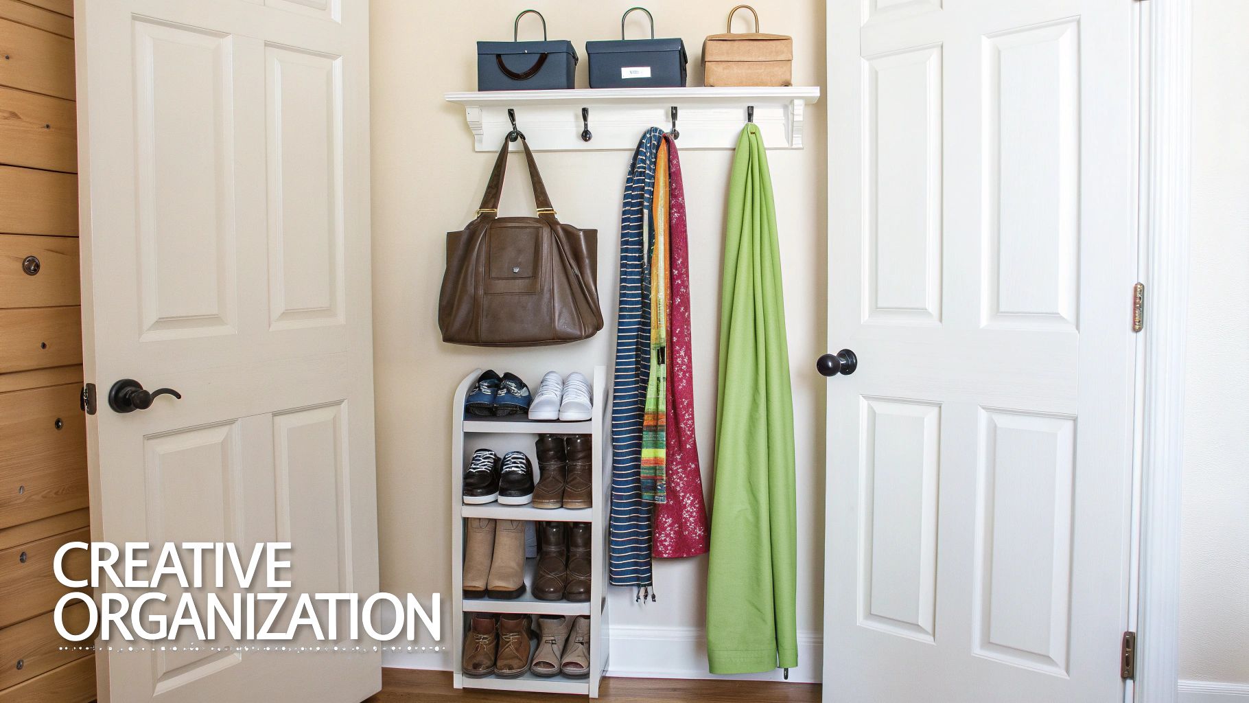 A neatly organized entryway with a wall shelf, hooks, handbag, scarves, and a shoe rack.