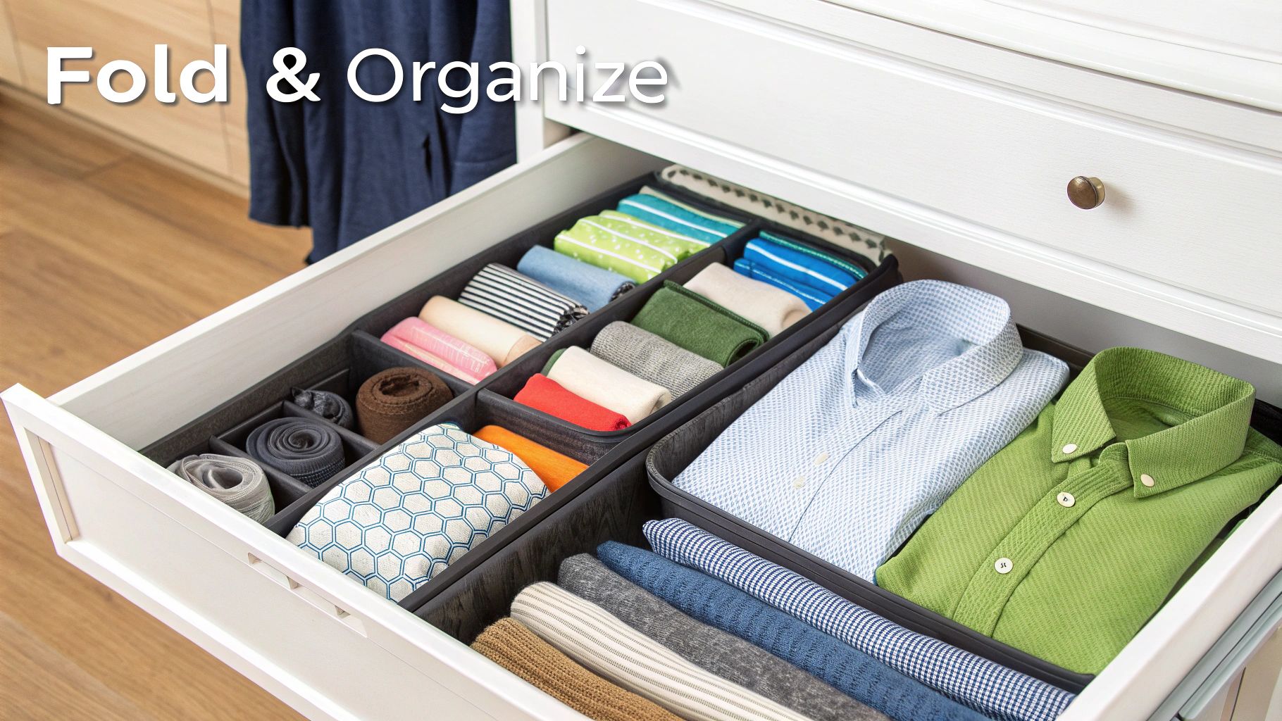 An open drawer with fabric organizers holding neatly folded shirts, t-shirts, and rolled socks.
