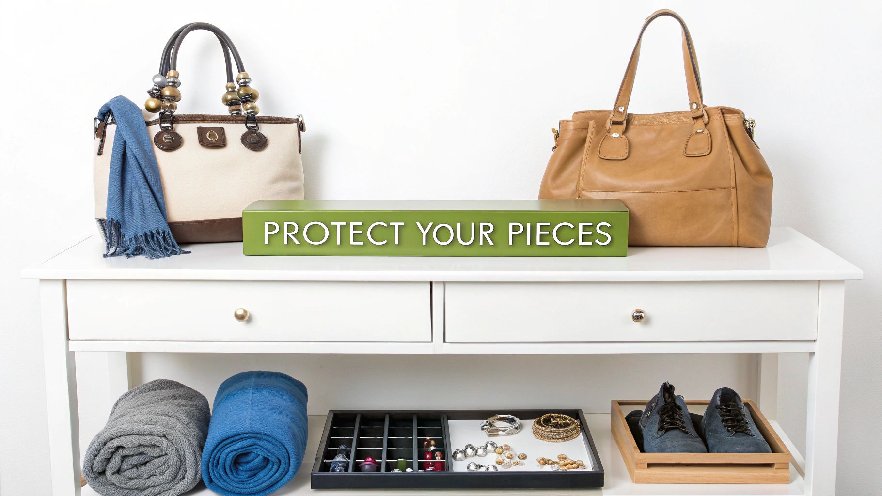 An organized closet showing accessories like bags and shoes neatly stored