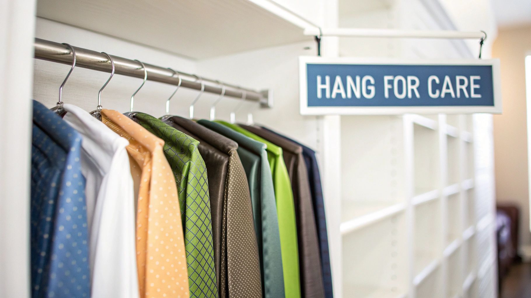 Man organizing ties on a hanging rack in a closet