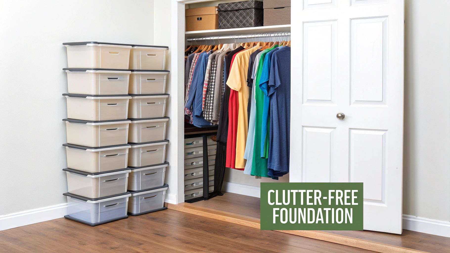 A room with stacks of clear storage bins and an open closet showing organized hanging clothes and upper storage boxes.