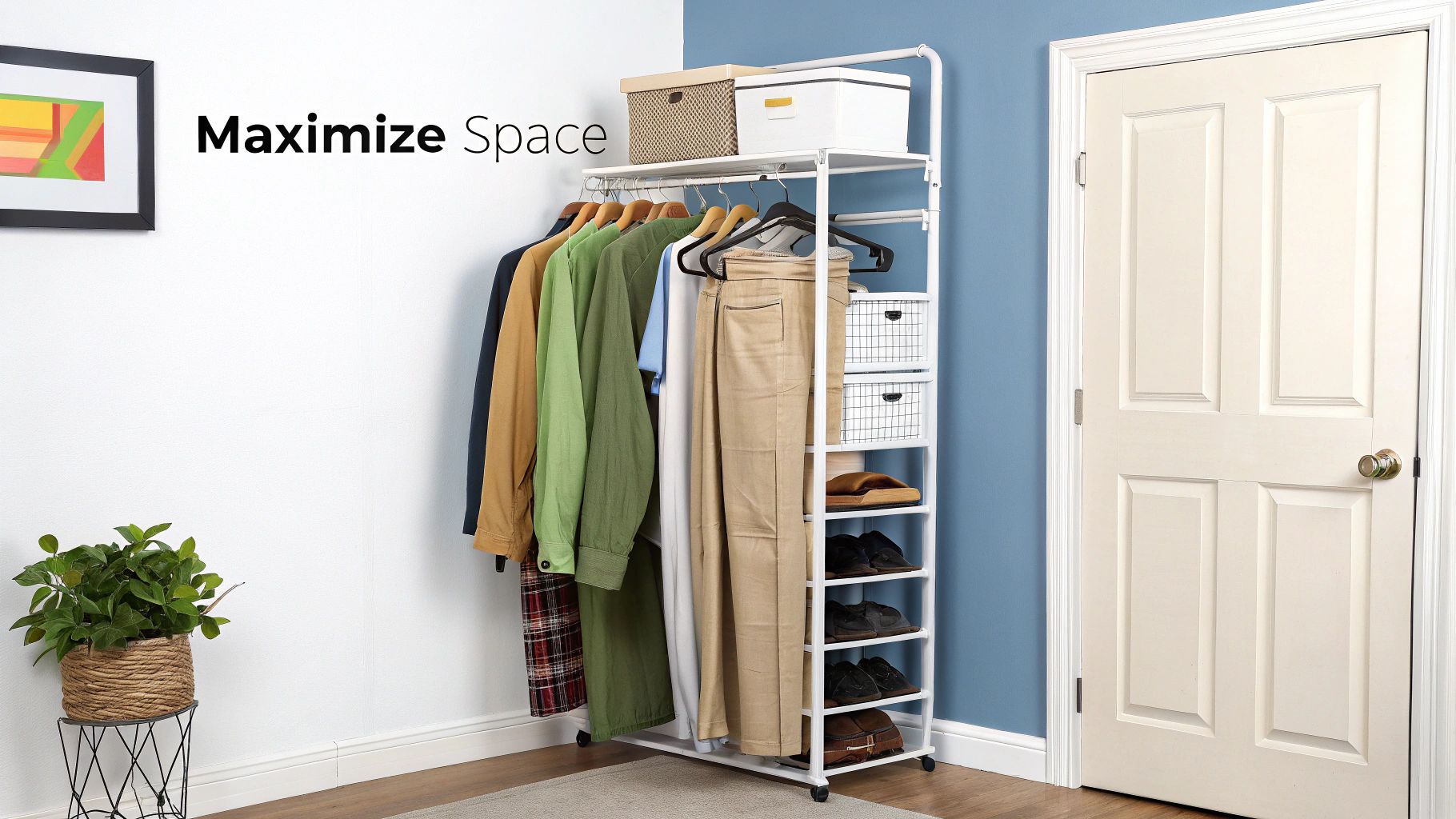 A white clothing rack with hanging clothes, storage boxes, and shoes against a two-tone wall, maximizing space.
