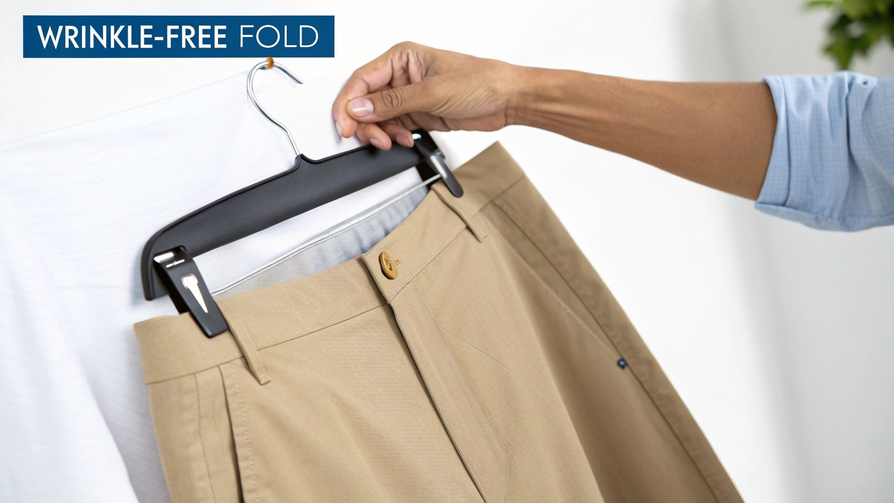 A hand hangs neatly folded khaki pants on a black hanger, emphasizing a wrinkle-free fold.