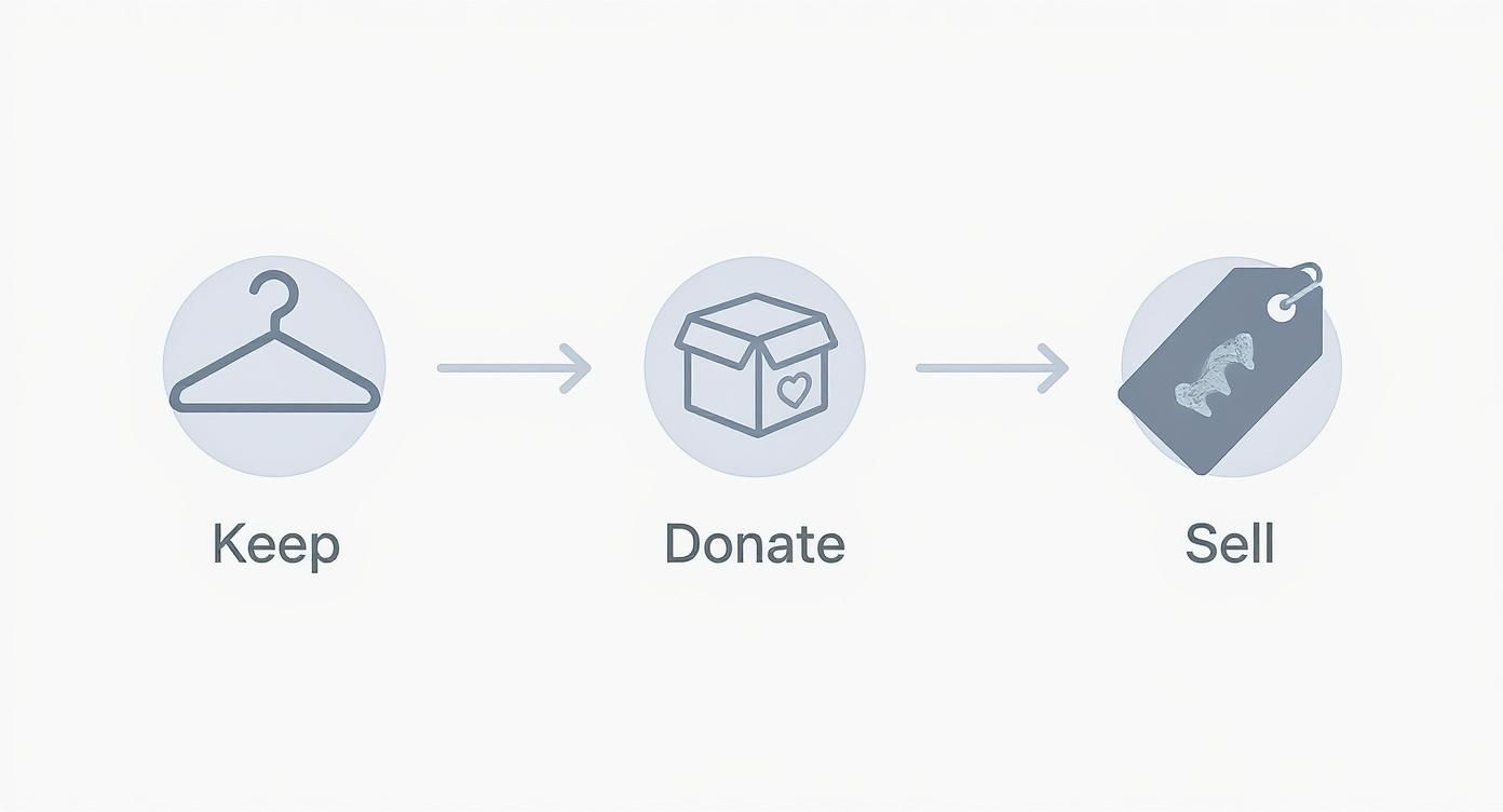 Three options for organizing clothes: keep on hanger, donate in box, or sell with price tag