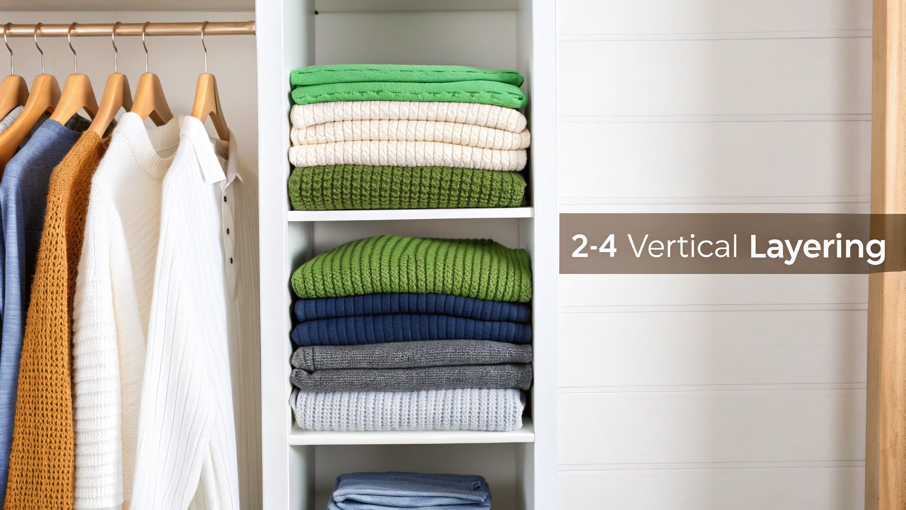 A neatly organized closet featuring various sweaters and shirts hanging and neatly folded on shelves.