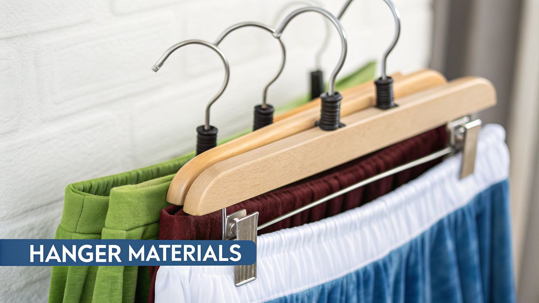 A close-up of different skirt hangers showing various materials and clip designs.
