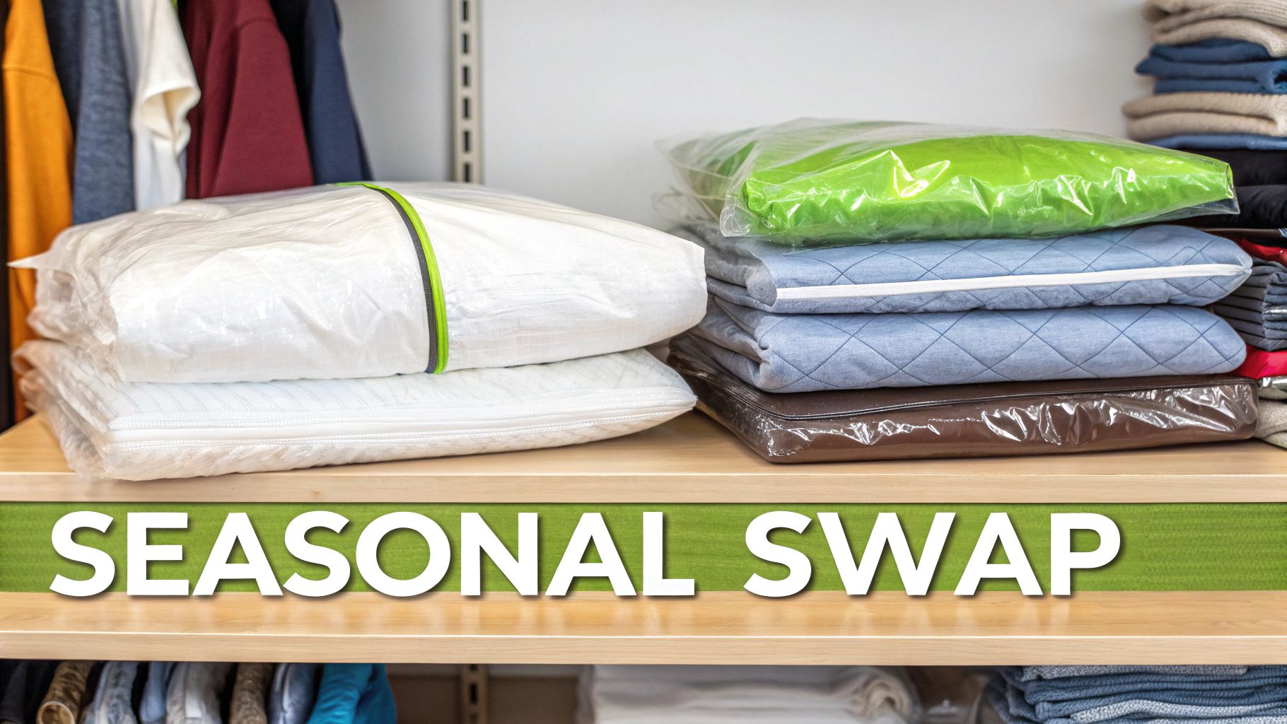 A closet shelf with neatly organized clothing in vacuum seal bags for seasonal storage.