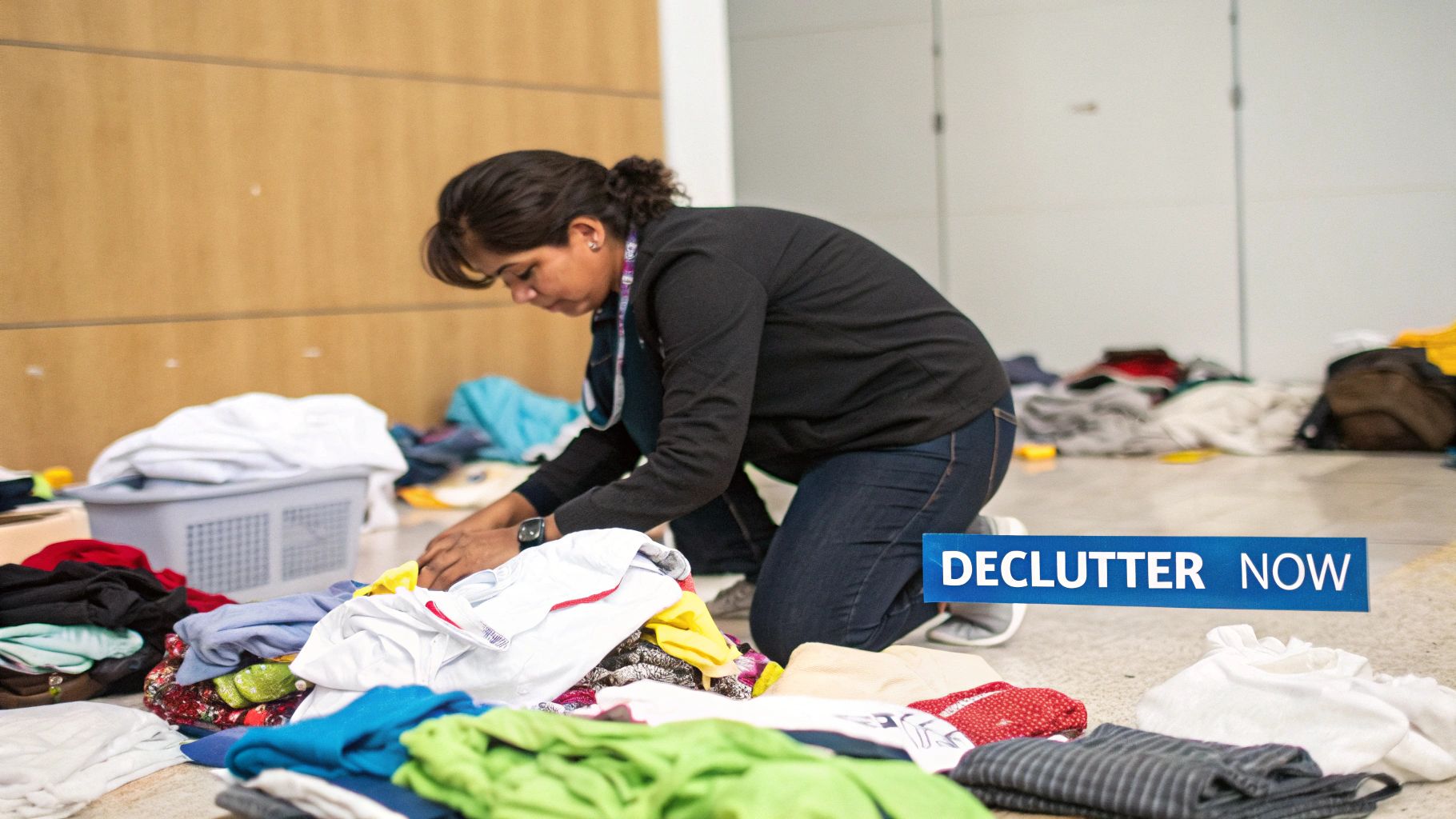 A person happily holding a box of clothes to donate, with an organized closet in the background.