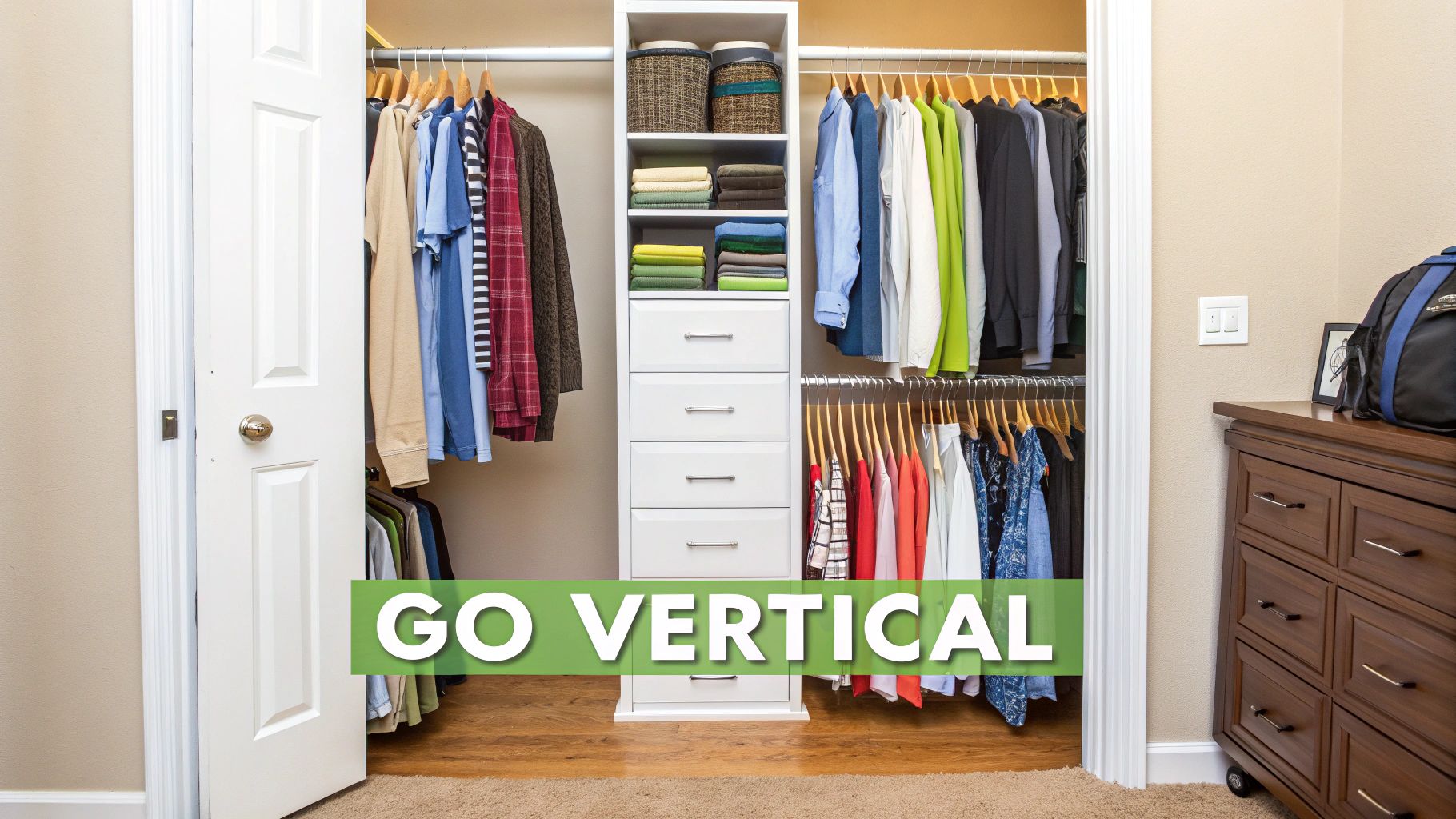 A well-organized closet featuring a white modular system, hanging clothes, and folded garments, with a text overlay 'GO VERTICAL'.