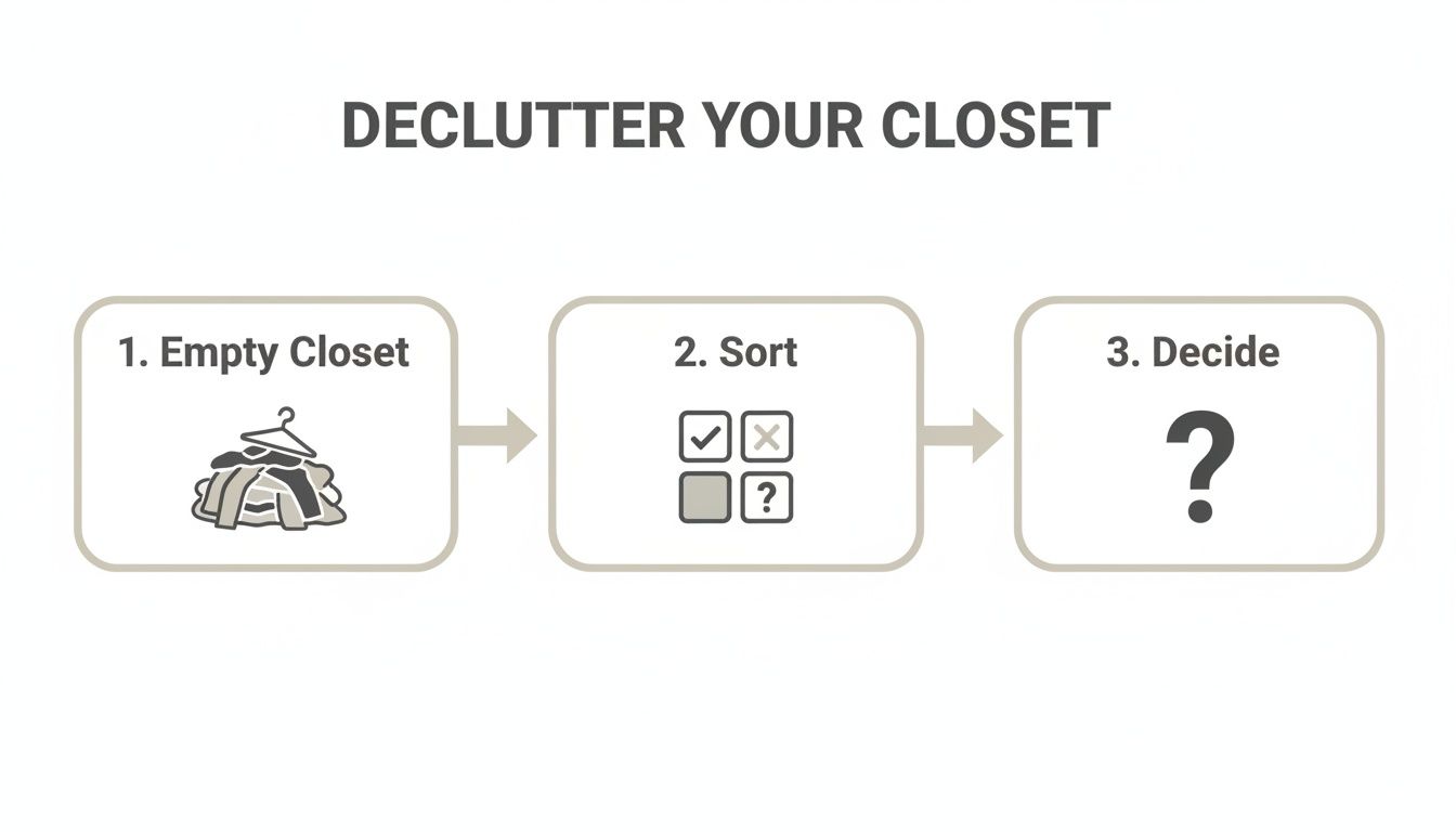 Visual guide showing three steps to declutter a closet: emptying clothes, sorting items, and making decisions.
