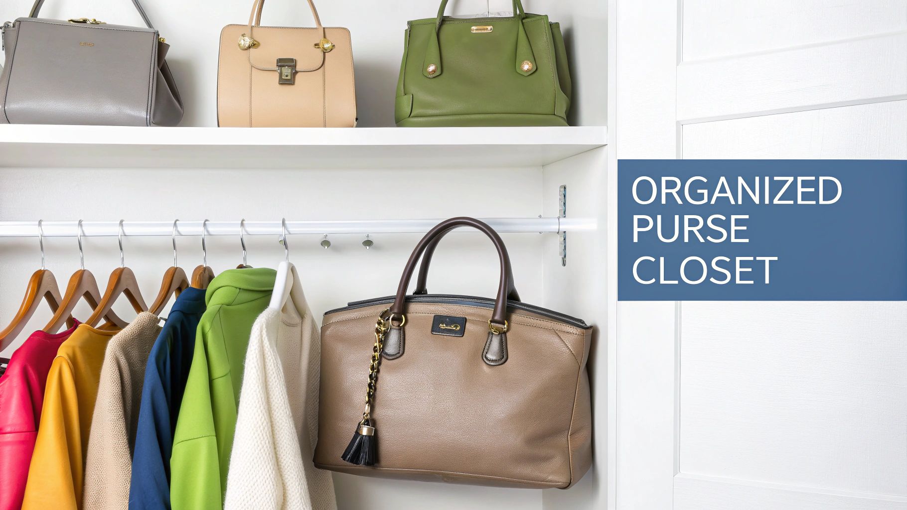 A neatly organized closet with various purses displayed on shelves and clothes hanging below.
