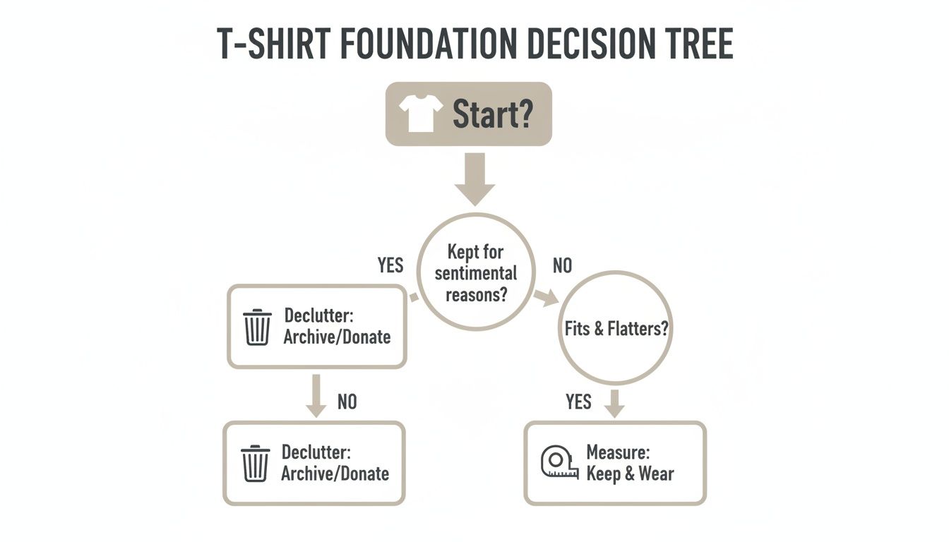 A t-shirt foundation decision tree flowchart for organizing clothing based on sentimental value and fit.