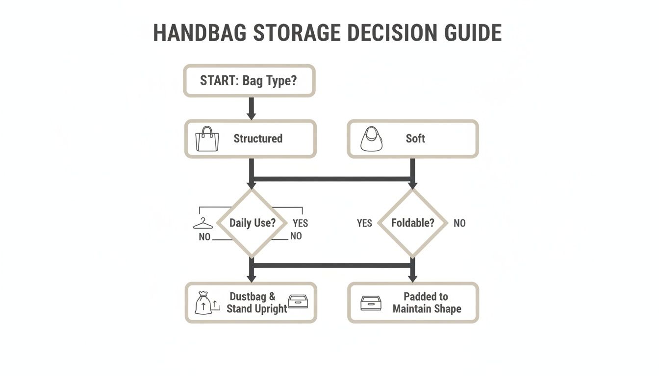A flowchart titled 'Handbag Storage Decision Guide' showing storage recommendations based on bag type, daily use, and foldability.