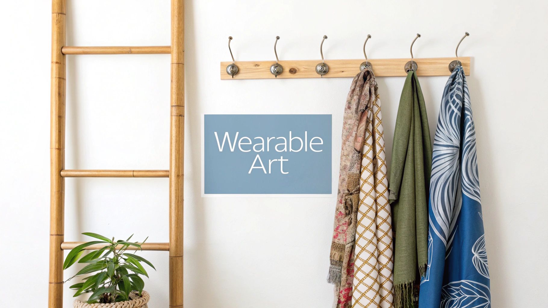 Decorative scarves hanging on wooden wall hooks beside bamboo ladder creating organized wearable art display