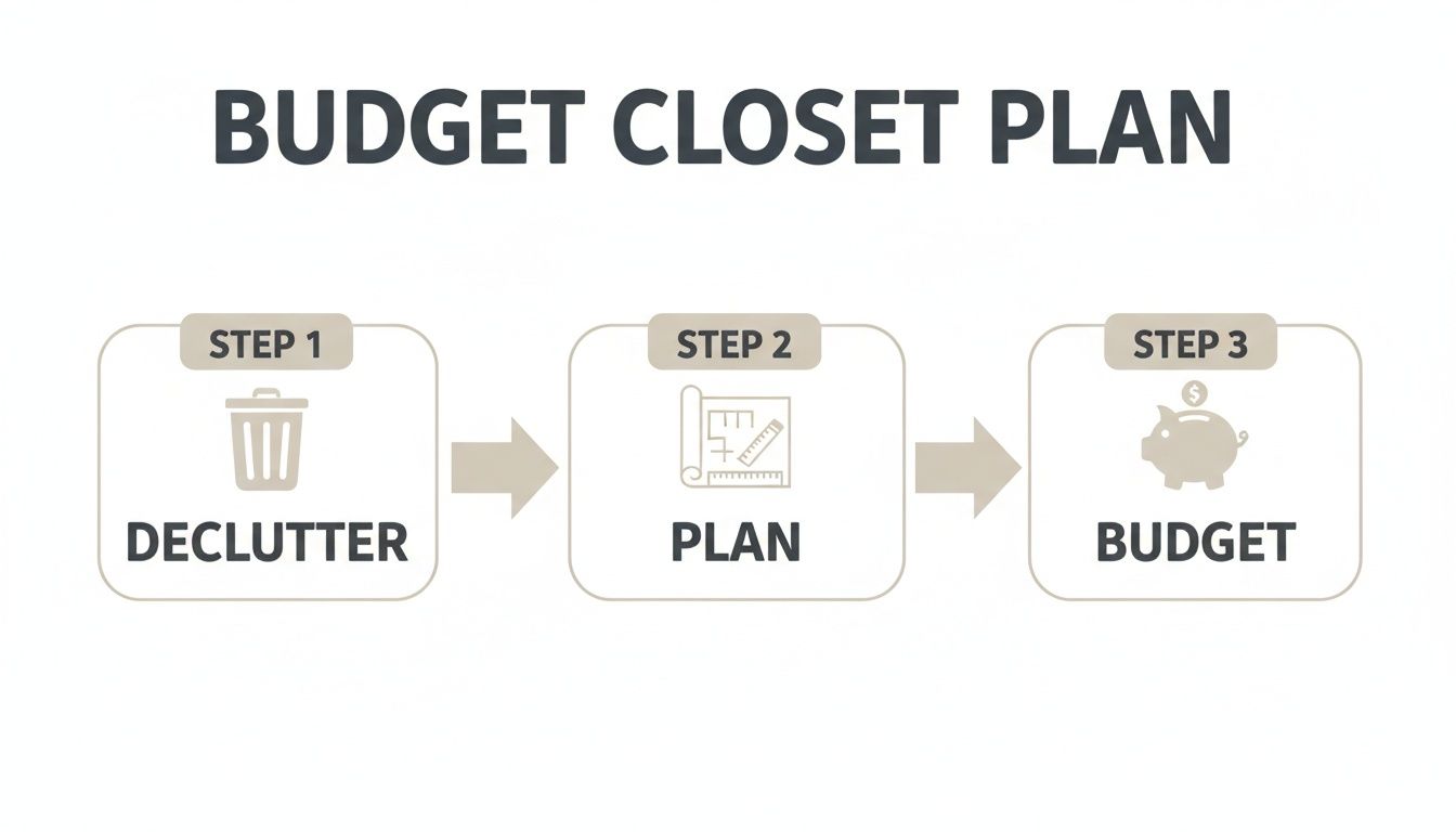Infographic showing a budget closet plan with steps for decluttering, planning, and budgeting.