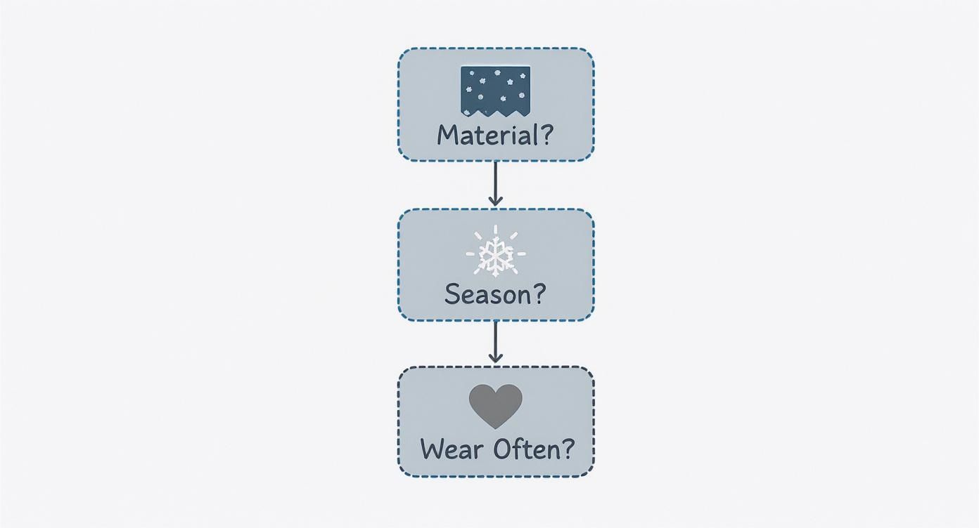Flowchart showing three-step decision process for organizing scarves by material, season, and frequency of wear