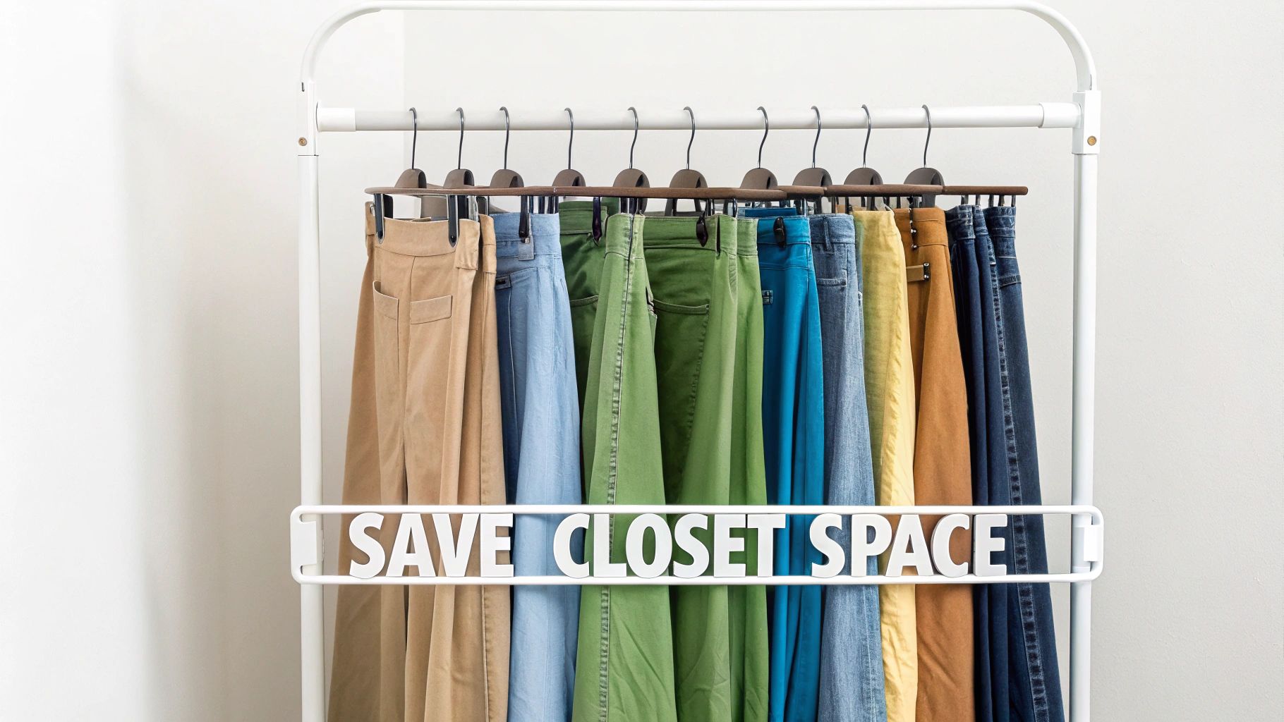 Colorful pants neatly hung on space-saving hangers on a white clothing rack with a 'SAVE CLOSET SPACE' sign.