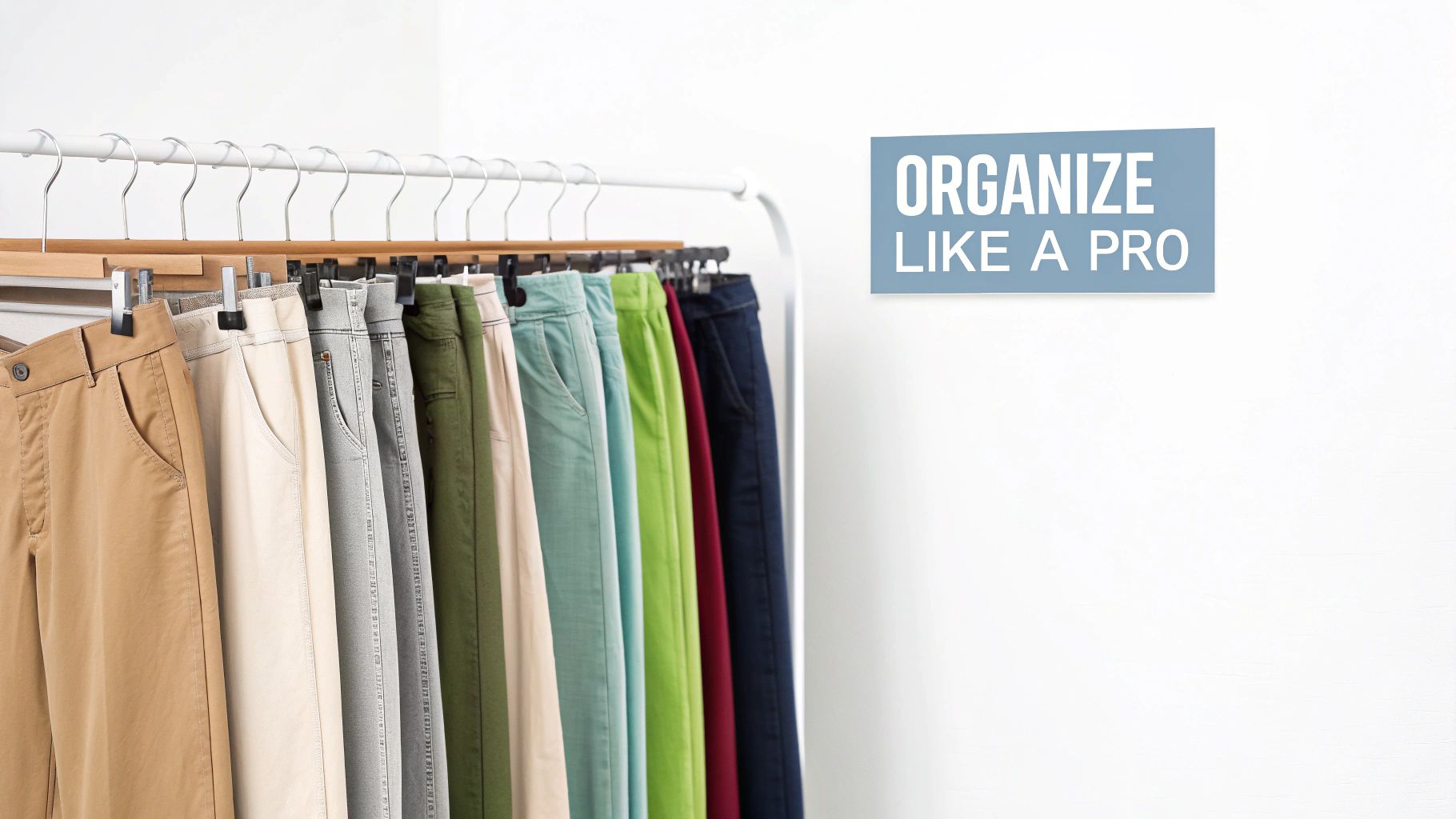 Pants neatly organized by color on a pull-out closet rack