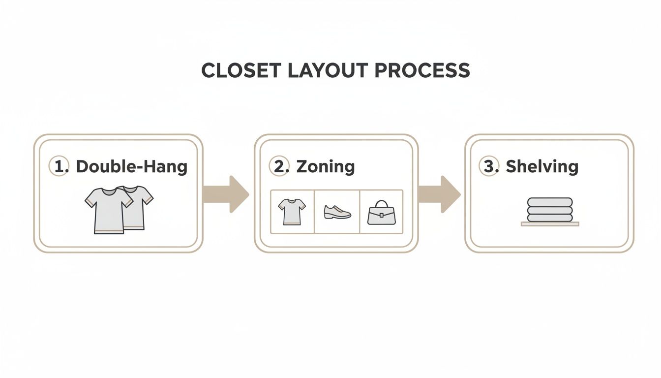 A step-by-step diagram illustrating the closet layout process including double-hanging, zoning, and shelving.