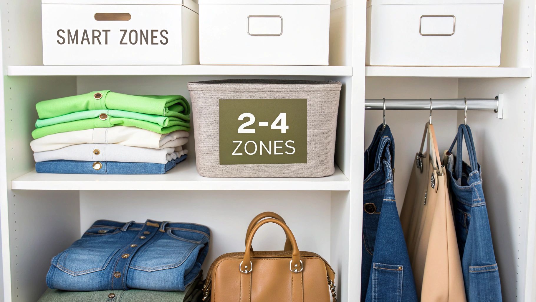 Organized closet shelves with folded shirts and jeans, smart storage boxes, and hanging handbags.