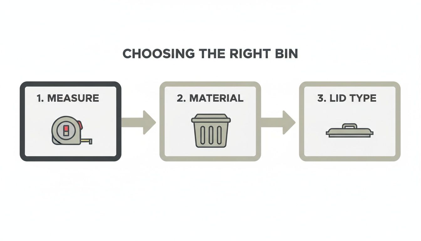 A flowchart showing three steps for choosing the right bin: 1. Measure, 2. Material, 3. Lid Type.