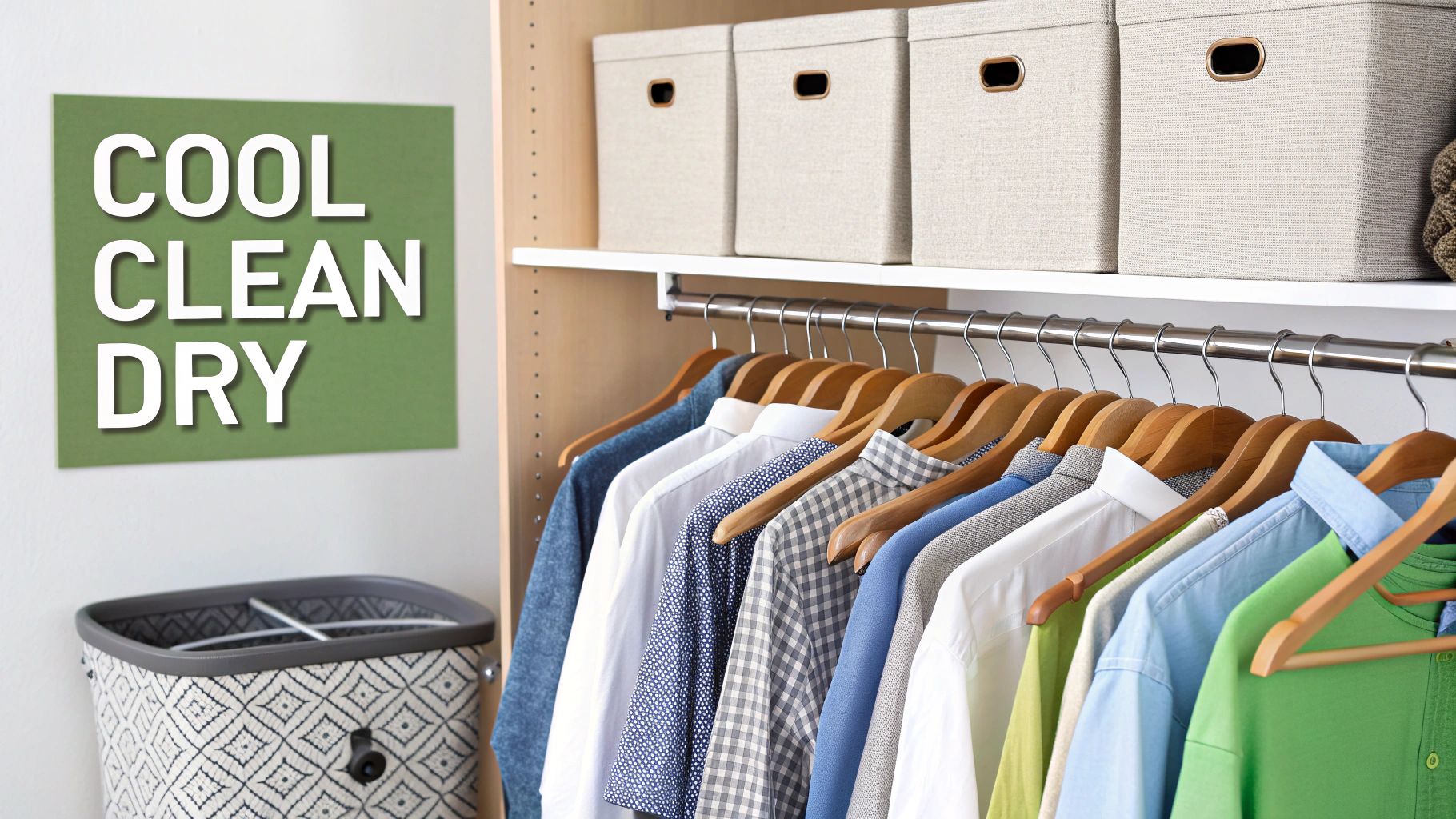 A neatly organized closet with various button-up shirts on wooden hangers, storage boxes, and a sign that says 'Cool Clean Dry'.