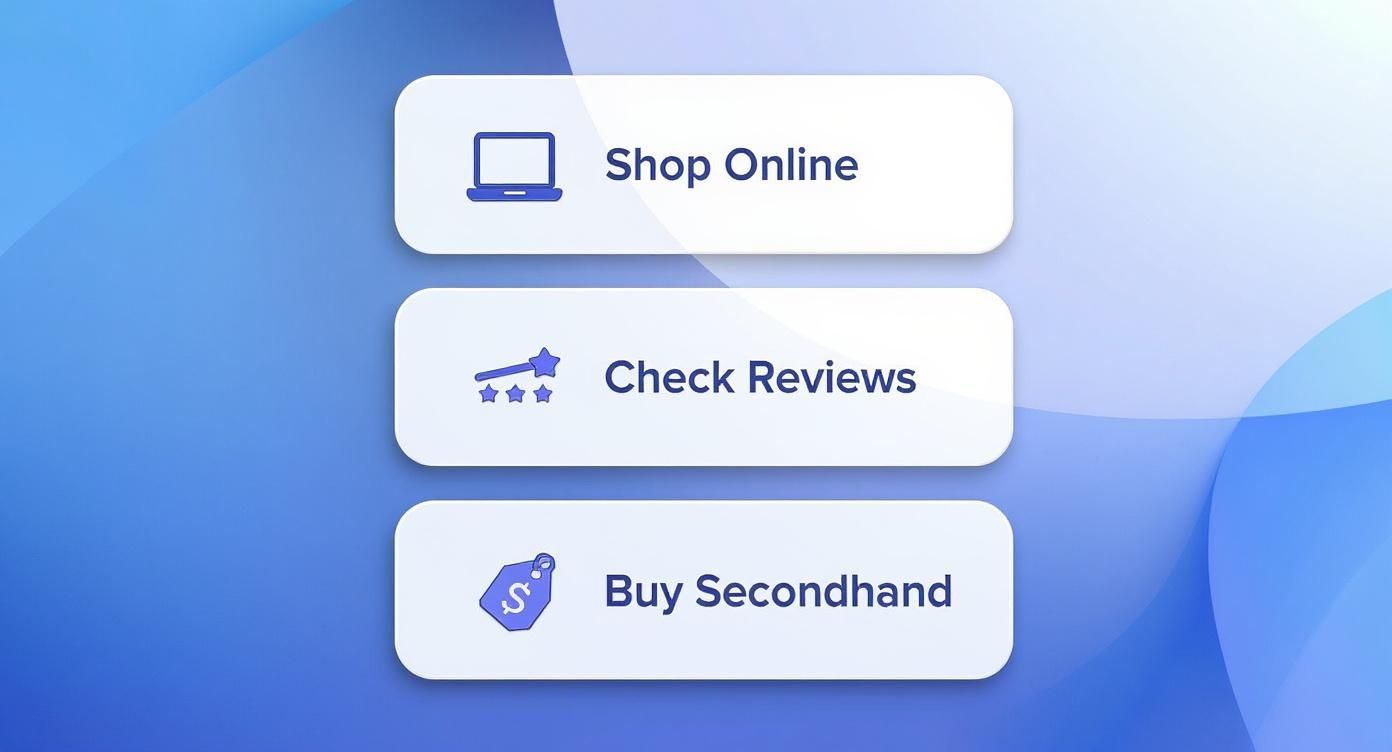Infographic about organizing a closet on a budget showing icons for shopping online, checking reviews, and buying secondhand.