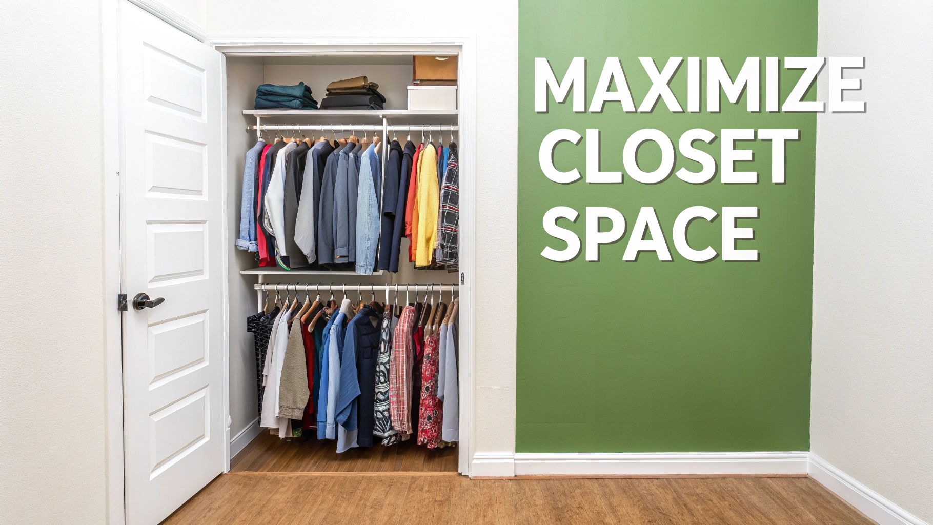 A neatly organized closet with various clothes on hangers and shelves next to a green wall with text 'MAXIMIZE CLOSET SPACE'.