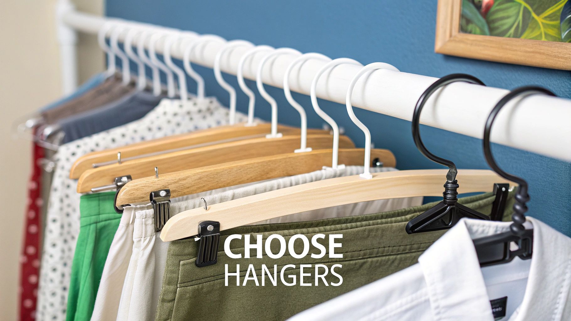 A close-up view of various clothes hangers, including wooden, white, and black styles, holding garments on a rod.